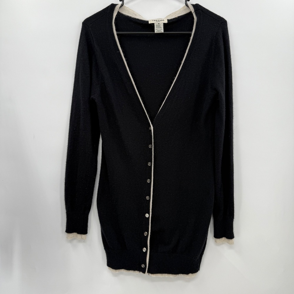 VERTIGO PARIS Black Button Cardigan Sweater Beige Trim Wool Blend Women's M